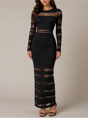 Sheer Band Long Sleeve Black Maxi Dress